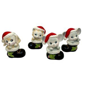 HOMCO Ceramic Puppy Mice & Kitty Christmas Figurines In Boot With Santa Hat 8903
